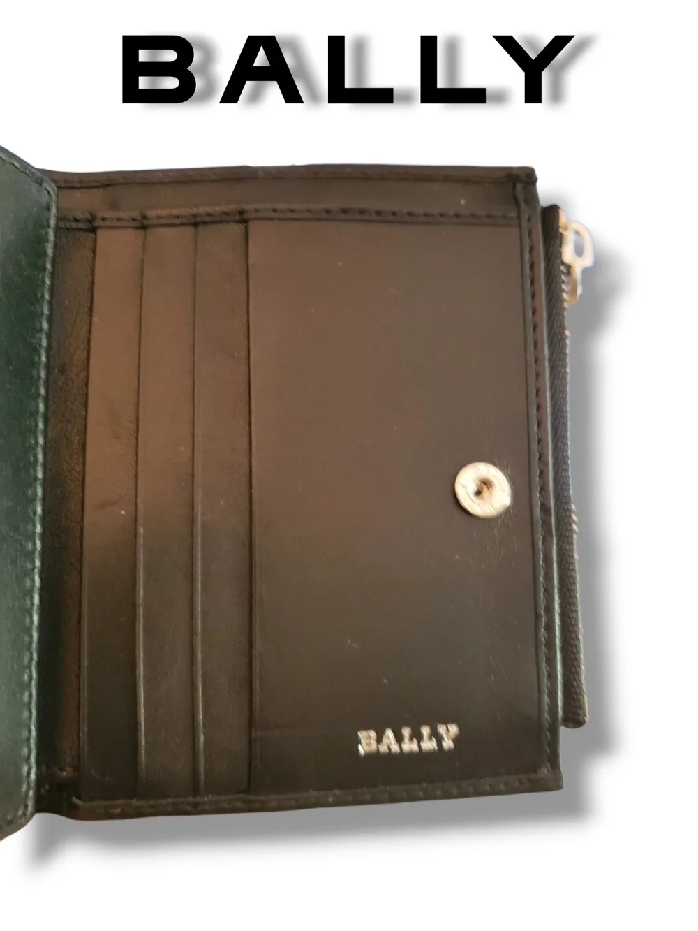 Authentic Bally Black Leather Striped Bifold Compact Wallet with Side Zip